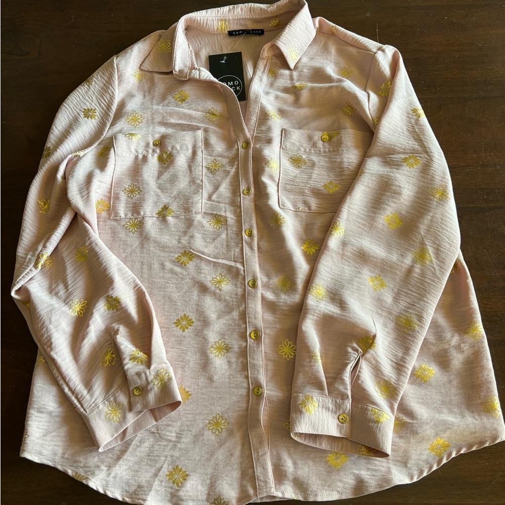 Como Black XL Pink & Gold Long Sleeve Button Up Blouse